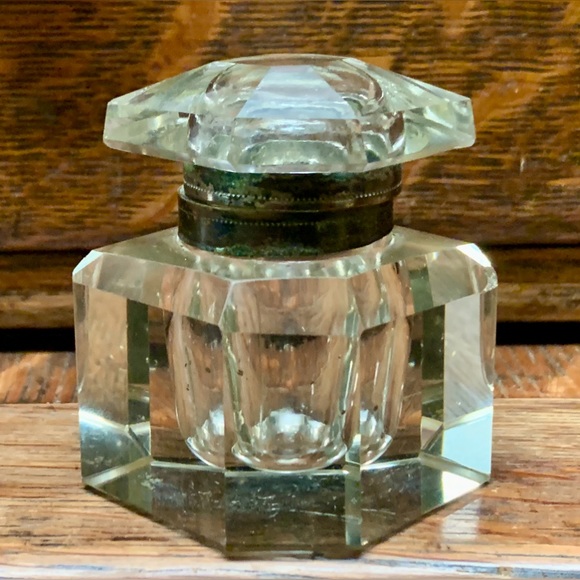 Late 19th Century Antique Metal Cuff Crystal Cut Glass Victorian Era Ink Well - Picture 1 of 16